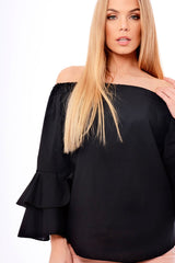 Black Bardot Frill Sleeve Top - Ruth
