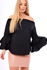 Black Bardot Frill Sleeve Top - Ruth