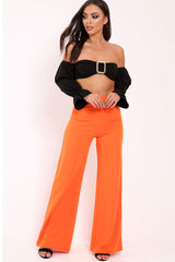 Black Buckle Front Extreme Bardot Crop Top - Theora