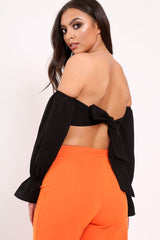 Black Buckle Front Extreme Bardot Crop Top - Theora