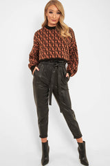 Black Faux Leather Tie Waist Tapered Trousers - Calina