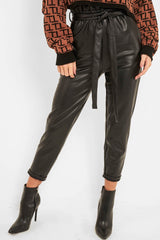 Black Faux Leather Tie Waist Tapered Trousers - Calina