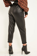 Black Faux Leather Tie Waist Tapered Trousers - Calina
