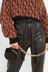 Black Faux Leather Tie Waist Tapered Trousers - Calina