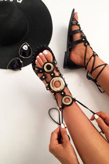Black Lace Up Gold Ring Gladiator Sandals - Belva