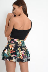 Black Floral Frill High Waisted Shorts - Claudelle