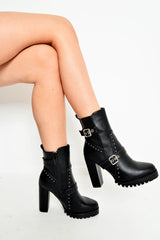 Black PU Studded Buckle Heeled Boots - Clyde