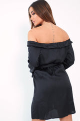 Black Satin Plunge Tie Waist Shirt Dress - Coletta