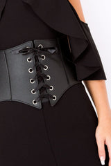 Black Lace Up Corset Belt Dress - Shlya