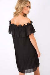 Black Crinkle Bardot Ruffle Trim Dress - Kelsey