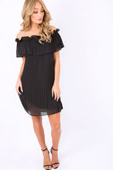Black Crinkle Bardot Ruffle Trim Dress - Kelsey