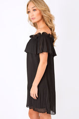Black Crinkle Bardot Ruffle Trim Dress - Kelsey