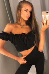 Black Ruffle Tie Front Bardot Crop Top - Pandora