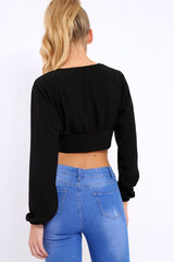 Black Plunge Lace Up Crop Top - Wyona