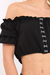 Black Hook And Eye Bardot Frill Crop Top - Reanna
