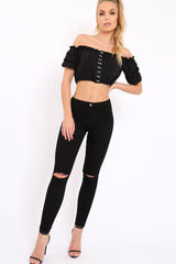 Black Hook And Eye Bardot Frill Crop Top - Reanna