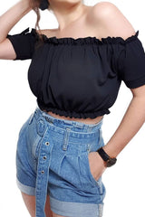 Black Ruched Bardot Gypsy Crop Top - Janette