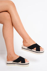 Black Cross Over Flatform Sliders - Vana