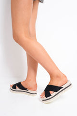 Black Cross Over Flatform Sliders - Vana