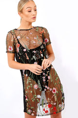 Black Floral Sheer Shift Dress - Crystal