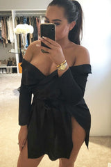 Black Satin Plunge Tie Waist Shirt Dress - Coletta