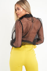 Black Mesh Balloon Sleeve Blouse - Elvina