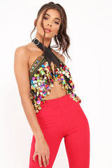 Black Embellished Sheer Top with Sequin and Coin Tassels - Ciani