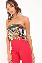 Black Embellished Sheer Top with Sequin and Coin Tassels - Ciani