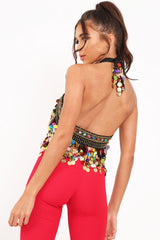 Black Embellished Sheer Top with Sequin and Coin Tassels - Ciani