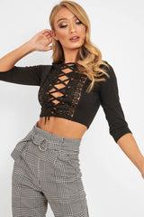Black Lace Up Front Detail Tie Top - Eshani
