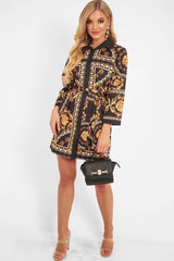 Black Gold Chain Print Belted Shirt Dress - Estie
