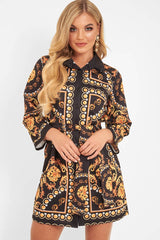 Black Gold Chain Print Belted Shirt Dress - Estie