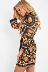 Black Gold Chain Print Belted Shirt Dress - Estie
