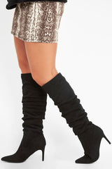 Black Faux Suede Slouchy Knee High Boots - Faviola