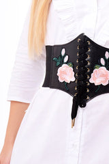 Black Floral Embroidered Corset Belt - Kaysha