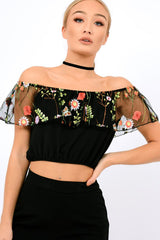 Black Floral Mesh Off Shoulder Crop Top - Paulette