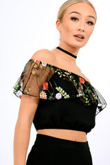 Black Floral Mesh Off Shoulder Crop Top - Paulette