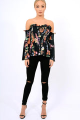 Black Floral Smocked Lace Up Off Shoulder Top - Lorrie