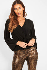 Black Tie Waist Long Sleeve Top - Floria