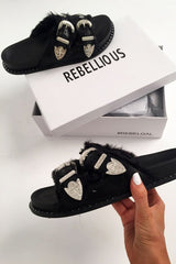 Black Faux Leather Fur Buckle Sliders - Kaily
