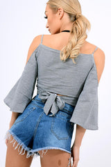 Black Gingham Cold Shouler Tie Back Crop Top - Leela