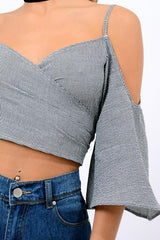 Black Gingham Cold Shouler Tie Back Crop Top - Leela