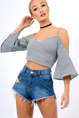 Black Gingham Cold Shouler Tie Back Crop Top - Leela