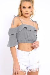 Cold Shoulder Frill Gingham Crop Top - MaryLou