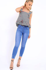 Black Gingham Floral Embroidered Frill Top - Zelida