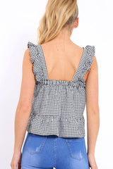 Black Gingham Floral Embroidered Frill Top - Zelida