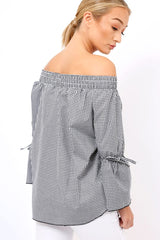 Black Checked Bardot Bell Sleeve Top - Trixie