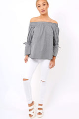 Black Checked Bardot Bell Sleeve Top - Trixie