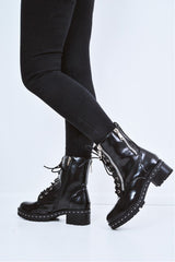 Black PU Stud Zip Detail Biker Boots - Golda