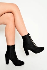 Black Faux Suede Button Detail Ankle Boots - Hadlyn